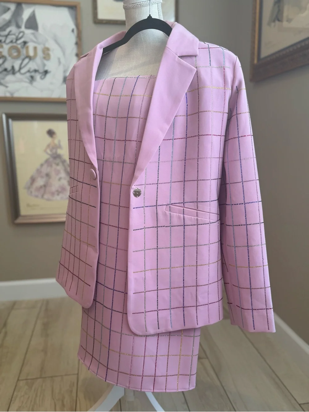 QUEEN OF SPARKLES Pink Rhinestone Plaid Blazer & Wide Leg Pant Set